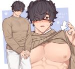  1boy animal_ears arrow_(symbol) bara bouncing_pecs brown_sweater clothes_lift dog_ears ears_down glasses hair_over_one_eye highres large_pectorals lifted_by_self looking_at_viewer male_focus motion_lines muscular muscular_male original own_hands_together pectoral_focus pectorals rio_mukiniki shirt_lift short_hair shy solo sweatdrop sweater thick_eyebrows 