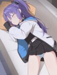  1girl absurdres belt black_gloves blue_archive blue_panties blush closed_eyes clothes_lift commentary couch gloves head_on_pillow highres jacket long_hair lying matanukinuki on_couch on_side one_side_up open_clothes open_jacket panties pantyshot purple_hair skirt skirt_lift sleeping solo underwear yuuka_(blue_archive) 