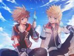  2boys black_shirt blonde_hair blue_eyes blue_sky brown_hair chain_necklace fingerless_gloves gloves hair_between_eyes holding_ice_cream hood hood_down hooded_jacket ice_cream_bar jacket jewelry kingdom_hearts kingdom_hearts_iii looking_at_another male_focus multiple_boys necklace open_mouth outdoors ring roxas shirt short_hair short_sleeves sky smile sora_(kingdom_hearts) spiked_hair upper_body white_jacket wristband yurichi_(artist) 
