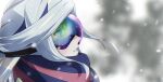  1boy bbhdrrr blurry blurry_background blush commentary_request from_side grey_hair grusha_(pokemon) highres korean_commentary long_hair looking_up male_focus parted_lips pokemon pokemon_(game) pokemon_sv portrait scarf sidelocks snowing solo striped striped_scarf 