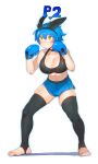  1girl absurdres animal_ears barefoot black_choker black_hairband black_sports_bra black_thighhighs blue_gloves blue_hair blue_shorts blush borrowed_character boxing_gloves breasts choker cleavage commentary dif_(difman) dolphin_shorts english_commentary fake_animal_ears fighting_game fighting_stance full_body gameplay_mechanics gloves hairband highres large_breasts midriff niwarhythm original rabbit_ears short_hair shorts skindentation smile solo sports_bra stirrup_legwear thick_thighs thighhighs thighs toeless_legwear toenails toes white_background yellow_eyes 