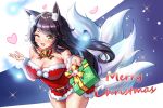  1girl absurdres ahoge ahri_(league_of_legends) animal_ear_fluff animal_ears bell blush box breasts christmas cleavage collarbone fang fox_ears fox_tail fur fur_trim gift gift_box heart highres holding holding_gift large_breasts league_of_legends long_hair looking_at_viewer merry_christmas multiple_tails neck_bell one_eye_closed open_mouth saylamars solo tail very_long_hair yellow_eyes 