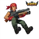  1boy bandana black_footwear brown_eyes brown_hair chinese_commentary copyright_name fingerless_gloves full_body gloves green_pants gun holding holding_gun holding_weapon lisong_shen looking_at_viewer male_focus metal_slug pants ralf_jones red_bandana red_gloves short_hair simple_background solo tan weapon white_background 