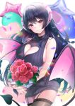  1girl absurdres bare_shoulders black_hair black_sweater black_thighhighs blush bouquet braid breasts cleavage cleavage_cutout clothing_cutout cowboy_shot demon_girl demon_tail demon_wings dress flower garter_straps halterneck heart_cutout highres holding holding_bouquet horns indie_virtual_youtuber lace-trimmed_legwear lace-trimmed_thighhighs lace_trim large_breasts long_hair meme_attire mika_uni official_alternate_costume official_art pink_eyes real_succubus_hina ribbed_sweater single_braid sleeveless sleeveless_sweater solo sweater sweater_dress tail thighhighs turtleneck turtleneck_sweater very_long_hair virgin_killer_sweater virtual_youtuber wings 