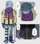  ... 1boy 1girl absurdres bandaid bandaid_on_face bandaid_on_nose bbhdrrr blue_footwear blue_mittens boots breath commentary_request full_body geeta_(pokemon) green_hair green_pants grusha_(pokemon) highres jacket korean_commentary korean_text long_hair looking_at_viewer multiple_views pants poke_ball_print pokemon pokemon_(game) pokemon_sv scarf scarf_over_mouth single_boot speech_bubble spoken_ellipsis striped striped_scarf sweat toeless_footwear translation_request yellow_jacket 