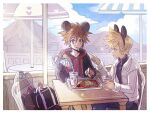  2boys backpack bag black_jacket blonde_hair blue_eyes brown_hair cup disneyland disposable_cup drinking_straw eating food french_fries hair_between_eyes holding holding_food hood hood_down hoodie indoors jacket kingdom_hearts kingdom_hearts_iii looking_at_another male_focus mickey_mouse_ears multiple_boys pointing red_hoodie roxas short_hair sitting sora_(kingdom_hearts) spiked_hair umbrella white_jacket window yurichi_(artist) 