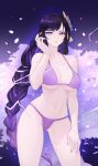  1girl bangs bare_shoulders bikini braid braided_ponytail breasts cherry_blossoms cleavage collarbone electricity flower gabriel_carrasquillo genshin_impact hair_flower hair_ornament hand_on_own_thigh hand_up highres large_breasts long_hair looking_at_viewer mole mole_under_eye navel parted_lips purple_bikini purple_eyes purple_hair purple_nails raiden_shogun solo sweatdrop swept_bangs swimsuit thighs underboob very_long_hair 