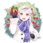  1boy :d bangs black_gloves blue_scarf bow christmas christmas_ornaments christmas_wreath coat crocell_(kuze) cropped_torso fringe_trim gift giving gloves grey_hair holding holding_gift kuze_(ira) long_sleeves looking_at_viewer male_focus original pointy_ears red_bow scarf short_hair simple_background slit_pupils smile solo star_ornament swept_bangs white_background white_coat wreath yellow_eyes 