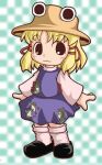  1girl :3 animal_print black_footwear blonde_hair brown_eyes brown_headwear checkered_background chibi closed_mouth commentary_request frog_print hat jun_(panppu) long_sleeves medium_hair moriya_suwako no_sclera purple_skirt purple_vest shirt shoes skirt smile solo touhou vest white_shirt 