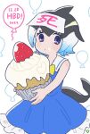  1girl 54_3nu bare_shoulders black_hair blonde_hair blowhole blue_dress blue_eyes blue_hair blush bow bowtie cetacean_tail commentary_request common_dolphin_(kemono_friends) cupcake dolphin_girl dorsal_fin dress fish_tail food frilled_dress frills fruit happy_birthday kemono_friends multicolored_hair oversized_food sailor_collar short_hair sleeveless solo strawberry tail translation_request white_hair yellow_bow yellow_bowtie 