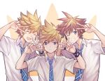  3boys blonde_hair blue_eyes blue_necktie brown_hair closed_eyes collared_shirt grin hair_between_eyes jewelry kingdom_hearts looking_at_viewer male_focus multiple_boys necktie one_eye_closed open_mouth plaid_necktie ring roxas school_uniform shirt short_hair short_sleeves smile sora_(kingdom_hearts) spiked_hair sweatdrop teeth upper_body v ventus_(kingdom_hearts) white_shirt wristband yurichi_(artist) 