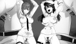  2girls absurdres anus arms_up ass bambietta_basterbine bangs bar_censor belt between_breasts bleach bleach:_the_thousand-year_blood_war braid braided_ponytail breasts breasts_out censored chainsaw_man closed_mouth clothes_pull collared_jacket collared_shirt commission expressionless female_pubic_hair greyscale hair_between_eyes hat helmet_(touhu812) highres large_areolae long_hair long_sleeves looking_at_viewer makima_(chainsaw_man) military_hat military_jacket monochrome multiple_girls multiple_views necktie necktie_between_breasts nipples open_mouth pants pants_pull partially_unbuttoned peaked_cap pubic_hair pussy quincy shirt shirt_aside skeb_commission skirt skirt_pull spread_pussy sternritter wandenreich_uniform 