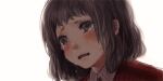  1girl bangs blush brown_eyes brown_hair collared_shirt crying crying_with_eyes_open dohi fang looking_ahead medium_hair nose open_mouth original portrait red_sweater sad shirt simple_background solo sweater tears upper_body white_background 