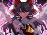  1girl ascot bangs black_hair blurry bow closed_mouth depth_of_field detached_sleeves gohei hair_bow hair_tubes hakurei_reimu highres holding long_hair looking_at_viewer miko_(miko030751) red_bow red_eyes ribbon-trimmed_sleeves ribbon_trim shide sidelocks solo touhou upper_body yellow_ascot 