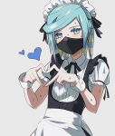  1boy alternate_costume apron bbhdrrr black_ribbon blush collared_shirt commentary_request crossdressing frills green_eyes green_hair grey_background grusha_(pokemon) hands_up headdress heart heart_hands highres korean_commentary male_focus mask medium_hair mouth_mask neck_ribbon otoko_no_ko pokemon pokemon_(game) pokemon_sv ribbon shirt short_sleeves solo sweat upper_body waist_apron white_apron wrist_cuffs 