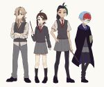  1boy 3girls ahoge antenna_hair arven_(pokemon) bangs black_footwear black_hair blue_hair blush braid closed_mouth collared_shirt commentary_request crossed_arms dark-skinned_female dark_skin glasses green_hair grey_pants grey_skirt grin hand_on_hip harry_potter_(series) highres holding holding_wand juliana_(pokemon) kn_9620 long_sleeves looking_at_viewer multicolored_hair multiple_girls necktie nemona_(pokemon) pants parody penny_(pokemon) pleated_skirt pokemon pokemon_(game) pokemon_sv ponytail red_hair red_necktie robe round_eyewear shirt shoes skirt smile socks standing sweater two-tone_hair vest wand yellow_necktie 