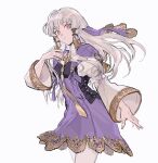  1girl brooch choker dress fingernails fire_emblem fire_emblem:_three_houses gold_trim hair_ornament hair_tie highres jewelry long_hair looking_at_viewer lysithea_von_ordelia mimulishizi pantyhose pink_eyes puffy_sleeves purple_dress red_eyes solo tassel tassel_hair_ornament white_background white_hair white_sleeves 