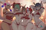  5girls alternate_costume animal_ears armpits arms_behind_head ass_visible_through_thighs bikini blue_eyes blurry blurry_background breasts brown_hair ceres_fauna cleavage cowboy_shot green_hair hair_ornament hakos_baelz highres holocouncil hololive hololive_english large_breasts long_hair looking_at_viewer multiple_girls myth1carts nanashi_mumei navel ouro_kronii red_bikini red_hair santa_costume short_hair stomach swimsuit thigh_gap thighs tsukumo_sana underboob virtual_youtuber 