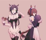  2girls agnes_tachyon_(umamusume) air_shakur_(umamusume) alternate_costume animal_ears apron black_dress black_hair black_thighhighs bodice breasts brown_background brown_hair choker cowboy_shot detached_sleeves dress enmaided frilled_choker frills garter_straps hands_up heart heart_choker highres horse_ears horse_girl horse_tail long_hair maid maid_apron maid_headdress medium_hair multiple_girls open_mouth puffy_short_sleeves puffy_sleeves red_eyes rokumijio_maru sharp_teeth short_sleeves simple_background sleeveless sleeveless_dress sleeves_past_fingers sleeves_past_wrists small_breasts sweatdrop tail teeth thighhighs umamusume wristband yellow_eyes 