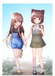  2girls :3 @_@ aged_down animal_ears backpack bag blue_overalls brown_hair closed_mouth dog_ears embarrassed full_body furen_e_lustario green_shorts heterochromia high-waist_shorts holding_hands inui_toko long_hair looking_at_viewer misakisanakichi multiple_girls nijisanji outdoors overall_shorts overalls randoseru red_eyes short_hair shorts smile socks virtual_youtuber white_socks yellow_eyes yuri 