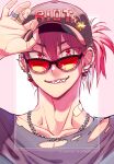  1boy adjusting_clothes adjusting_headwear alternate_costume alternate_hairstyle arm_up bandaid bandaid_on_neck bangs baseball_cap biting black-framed_eyewear boku_no_hero_academia chain_necklace character_name collarbone commentary ear_piercing earrings eyes_visible_through_hair fashion gear_earrings grin hair_between_eyes hand_on_headwear hat highres jewelry kirishima_eijirou lip_biting looking_at_viewer lowah male_focus multiple_rings necklace piercing pink_background red-tinted_eyewear red_eyes red_hair ring scar scar_across_eye scar_on_face shade sharp_teeth shirt short_eyebrows side_ponytail slit_pupils smile solo sparkle spiked_ear_piercing sticker straight-on sunglasses teeth tinted_eyewear torn_clothes torn_shirt tsurime twitter_username two-tone_background upper_body v-shaped_eyebrows white_background 