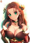  1girl artist_name bare_shoulders braid breasts brown_hair chinchongcha choker cleavage closed_mouth collarbone dorothea_arnault dorothea_arnault_(winter) dress earrings fire_emblem fire_emblem:_three_houses fire_emblem_heroes fire_emblem_warriors:_three_hopes green_eyes highres jewelry large_breasts long_hair looking_at_viewer official_alternate_costume official_alternate_hairstyle red_dress signature strapless strapless_dress 