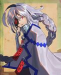  1girl ahoge blazblue bodysuit braid braided_ponytail breasts collar eyepatch grey_hair long_hair looking_at_viewer nu-13 red_eyes single_braid solo udakyo upper_body 