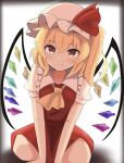  1girl absurdres arm_support bangs bat_wings blonde_hair blurry blurry_background blush breasts collar collarbone crystal dress eyelashes fang flandre_scarlet frilled_collar frills hair_between_eyes hat hat_ribbon highres kneeling looking_at_viewer medium_hair mob_cap mokoo43451177 multicolored_wings neckerchief puffy_short_sleeves puffy_sleeves red_dress red_eyes red_ribbon ribbon shadow short_sleeves side_ponytail sidelocks small_breasts smile solo touhou white_background white_collar white_headwear wings yellow_neckerchief 