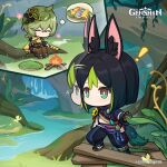  ! 1boy 1girl absurdres animal_ears bangs black_hair bug butterfly campfire chibi closed_eyes closed_mouth collei_(genshin_impact) day english_commentary food fox_boy fox_ears fox_tail genshin_impact gloves green_hair hair_between_eyes hair_ornament highres holding multicolored_hair mushroom official_art outdoors plant sitting skewer sparkle tail tighnari_(genshin_impact) vision_(genshin_impact) water waterfall 