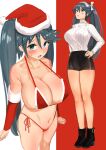  1girl alternate_costume arm_warmers bangs bikini black_footwear black_shorts blue_eyes blue_hair blue_nails blush boots breasts christmas cleavage commentary_request hair_between_eyes hat highres isuzu_(kancolle) kantai_collection large_breasts long_hair looking_at_viewer multiple_views open_mouth osananajimi_neko red_bikini ribbed_sweater santa_hat short_shorts shorts side-tie_bikini_bottom simple_background standing sweat sweater swimsuit turtleneck turtleneck_sweater twintails two-tone_background 