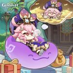  1girl absurdres ahoge box chibi closed_eyes closed_mouth coin day detached_sleeves dori_(genshin_impact) dreaming english_commentary genshin_impact gift gift_bag gift_box hair_ornament hat highres logo lying official_art on_back open_mouth outdoors pink_hair sleep_bubble sleeping 