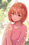  1girl ahoge bangs blue_eyes blurry blush bob_cut bokeh bow casual collarbone commentary depth_of_field doki_doki_literature_club foliage hair_bow highres interlocked_fingers looking_at_viewer nail_polish orange_hair own_hands_together parted_lips pink_nails pink_skirt red_bow sayori_(doki_doki_literature_club) shirt short_hair short_sleeves skirt smile solo sparkle upper_body wahhuru1129 