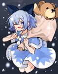  1girl absurdres bangs blue_capelet blue_dress blue_eyes blue_hair blue_ribbon capelet cirno commentary_request dress hair_ribbon highres index_finger_raised one_eye_closed open_mouth qwas69 ribbon sack short_dress short_hair smile snowing solo touhou 