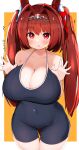  1girl ? absurdres animal_ears ass_visible_through_thighs bangs berusa_(berutoo) blush border breasts cleavage collarbone commentary_request covered_navel daiwa_scarlet_(umamusume) hair_intakes halterneck highres horse_ears huge_breasts long_hair one-piece_swimsuit open_mouth outside_border red_eyes school_swimsuit solo swimsuit tail thigh_gap tiara translation_request twintails umamusume very_long_hair white_border wide_hips yellow_background 