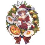  1boy blonde_hair blue_eyes christmas food fur-trimmed_gloves fur-trimmed_headwear fur-trimmed_jacket fur_trim gloves hair_between_eyes hand_on_hip hat jacket kingdom_hearts mouse open_mouth plate ratatouille red_gloves red_headwear red_jacket remy_(ratatouille) santa_costume santa_hat short_hair short_sleeves smile snowflakes sora_(kingdom_hearts) spiked_hair upper_body wreath yurichi_(artist) 