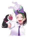  1girl :d black_gloves closed_eyes collared_shirt commentary_request dark-skinned_female dark_skin eyelashes fingerless_gloves gloves goomy green_hair hand_up holding holding_poke_ball igusaharu multicolored_hair necktie nemona_(pokemon) on_head open_mouth poke_ball poke_ball_(basic) pokemon pokemon_(creature) pokemon_(game) pokemon_on_head pokemon_sv ponytail purple_necktie school_uniform shirt smile streaked_hair teeth tongue two-tone_hair upper_body upper_teeth_only uva_academy_school_uniform white_shirt 