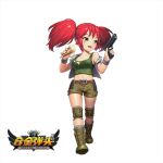  1girl bangs breasts chinese_commentary copyright_name food food_on_clothes full_body green_eyes green_footwear green_shorts green_tank_top gun holding holding_food holding_gun holding_weapon lisong_shen looking_at_viewer medium_hair metal_slug nadia_cassel navel open_mouth red_hair shorts simple_background solo standing tank_top two_side_up vest weapon white_background white_vest 