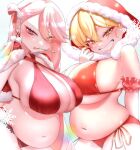  2girls absurdres arm_strap belly bikini blonde_hair blush breasts brown_eyes capelet criss-cross_halter earrings english_commentary fat from_side fur-trimmed_capelet fur-trimmed_hood fur_trim hair_behind_ear halterneck head_tilt highres hood hood_up huge_breasts jewelry leaning_forward long_hair looking_at_viewer merry_christmas mixed-language_commentary multiple_girls navel original parted_lips pink_eyes pink_hair plaid plaid_background red_background red_bikini red_capelet scowl short_hair smile swimsuit terano_haruma utensil_in_mouth very_long_hair 