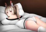  1girl absurdres ass ayanami_(azur_lane) ayanami_(niconico)_(azur_lane) azur_lane bed blonde_hair catbab highres looking_at_viewer lying official_alternate_costume on_stomach panties ponytail red_eyes self_upload shirt single_sock socks solo underwear white_panties white_shirt 