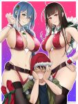  1boy 2girls @_@ alternate_costume arm_up artist_name bangs bare_shoulders belt between_breasts bikini black_thighhighs blue_hair blue_shirt blush border bow bowtie braid breasts brown_belt brown_hair cape christmas cleavage closed_mouth commander_(girls&#039;_frontline) darkpulsegg detached_collar dp-12_(girls&#039;_frontline) dsr-50_(girls&#039;_frontline) english_commentary feet_out_of_frame girls&#039;_frontline green_jacket grey_eyes griffin_&amp;_kryuger hair_ornament hairclip hand_on_hip hands_on_own_cheek happy_new_year hat highres jacket jewelry large_breasts lips long_hair looking_at_viewer multiple_girls navel necktie necktie_between_breasts new_year open_mouth parted_lips red_bikini red_eyes red_wrist_cuffs ring santa_bikini santa_hat shirt short_hair simple_background single_braid sleeves_rolled_up smile standing sweatdrop swimsuit thighhighs thighs white_border white_bow white_bowtie white_necktie wrist_cuffs yellow_eyes 