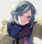  1boy bangs blurry blush breath clenched_teeth commentary_request green_eyes green_hair grusha_(pokemon) hand_up highres jacket long_hair long_sleeves male_focus pokemon pokemon_(game) pokemon_sv scarf solo striped striped_scarf teeth yahagi_(yui1251) yellow_jacket 