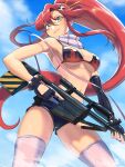  1girl armpits bangs bikini black_bikini blue_sky breasts cloud commentary_request denim denim_shorts fingerless_gloves flame_print gloves gun highres holding holding_gun holding_weapon long_hair looking_at_viewer medium_breasts navel ponytail red_hair rifle rog_rockbe scarf short_shorts shorts sign sky sling sniper_rifle solo stomach swimsuit tengen_toppa_gurren_lagann thighhighs trigger_discipline upper_body very_long_hair warning_sign weapon white_thighhighs yellow_eyes yoko_littner 