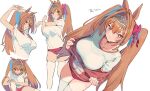  1girl animal_ears bow breasts buruma commentary_request daiwa_scarlet_(umamusume) gym_uniform hair_between_eyes hair_bow horse_ears horse_girl jacket large_breasts long_hair looking_at_viewer multiple_views nonco red_bow red_buruma red_eyes red_hair simple_background thighhighs thighs tiara tracen_training_uniform track_jacket translated twintails umamusume white_background white_thighhighs 