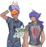  2boys bangs champion_uniform closed_mouth collared_shirt commentary_request dark-skinned_male dark_skin dreepy goomy headband highres kei_kome leon_(pokemon) long_hair male_focus multiple_boys on_head orange_headband pokemon pokemon_(creature) pokemon_(game) pokemon_on_head pokemon_swsh purple_hair raihan_(pokemon) shirt short_hair short_sleeves shorts smile sparkle white_background white_shorts yellow_eyes 