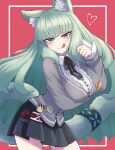  1girl animal_ear_fluff animal_ears arknights arm_under_breasts breast_hold breasts cape cardigan cat_ears cat_girl cat_tail collared_shirt green_eyes green_hair grey_cardigan harmonie_(arknights) heart highres infection_monitor_(arknights) large_breasts long_hair mooootmt paw_pose pleated_skirt shirt skirt tail tail_ornament tail_ring tongue tongue_out white_cape white_shirt 