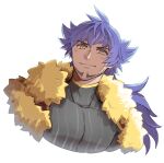  1boy bangs blush cape closed_mouth commentary_request covered_collarbone facial_hair fur-trimmed_cape fur_trim grey_shirt kei_kome leon_(pokemon) long_hair male_focus pokemon pokemon_(game) pokemon_swsh purple_hair red_cape shirt simple_background smile solo upper_body white_background yellow_eyes 