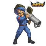  1boy beret black_footwear black_hair blue_headwear blue_jacket blue_pants boots brown_eyes chinese_commentary closed_mouth copyright_name donald_morden eyepatch facial_hair full_body hat holding holding_weapon jacket lisong_shen looking_at_viewer male_focus metal_slug mustache pants robot_morden short_hair simple_background solo standing weapon white_background 