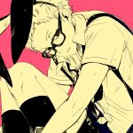  1boy animal_ears fake_animal_ears glasses haikyuu!! kneehighs looking_at_viewer male_focus pink_background rabbit_ears saharan short_sleeves socks solo suspenders tsukishima_kei 