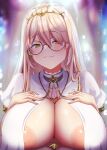 1girl areola_slip bangs blonde_hair breast_curtains breasts eromegane3103 fang glasses hands_on_own_chest highres jewelry large_areolae large_breasts long_hair looking_at_viewer necklace nijisanji nui_sociere skin_fang solo split_mouth upper_body virtual_youtuber yellow_eyes 