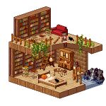  1girl bed black_cat blonde_hair book bookshelf cat chair couch fence hat indoors ivy lowres original pillow pixel_art solo table tozaki_makoto water wooden_fence 